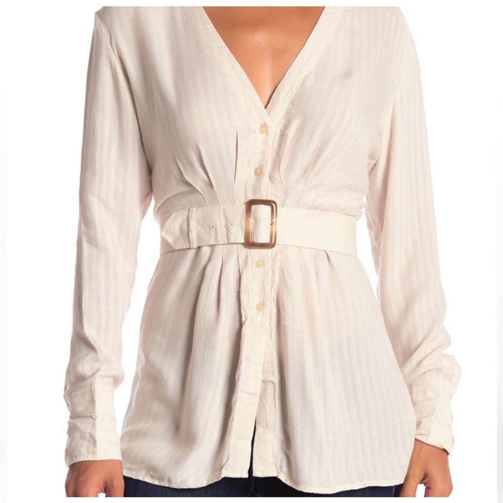 Free People Ivory Buckle Boho Long Sleeve Flowy  Fitted Blouse Size L